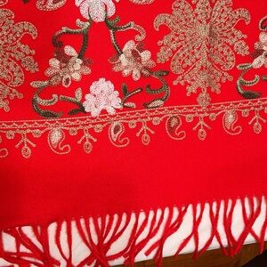 New large cashmere Embroidered Fringed Shawl / Wrap / Scarf Red